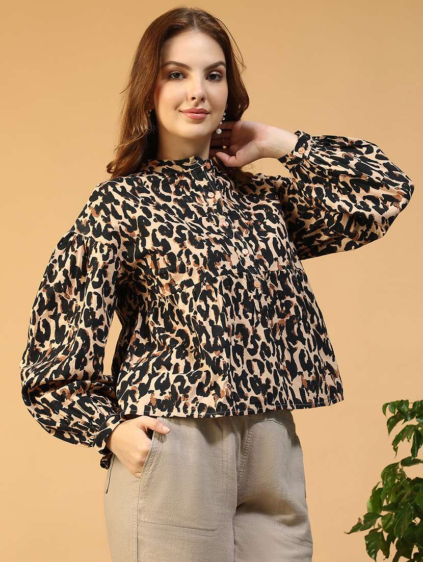 women animal print mandarin neck puff sleeve shirt - 22147558 -  Standard Image - 1