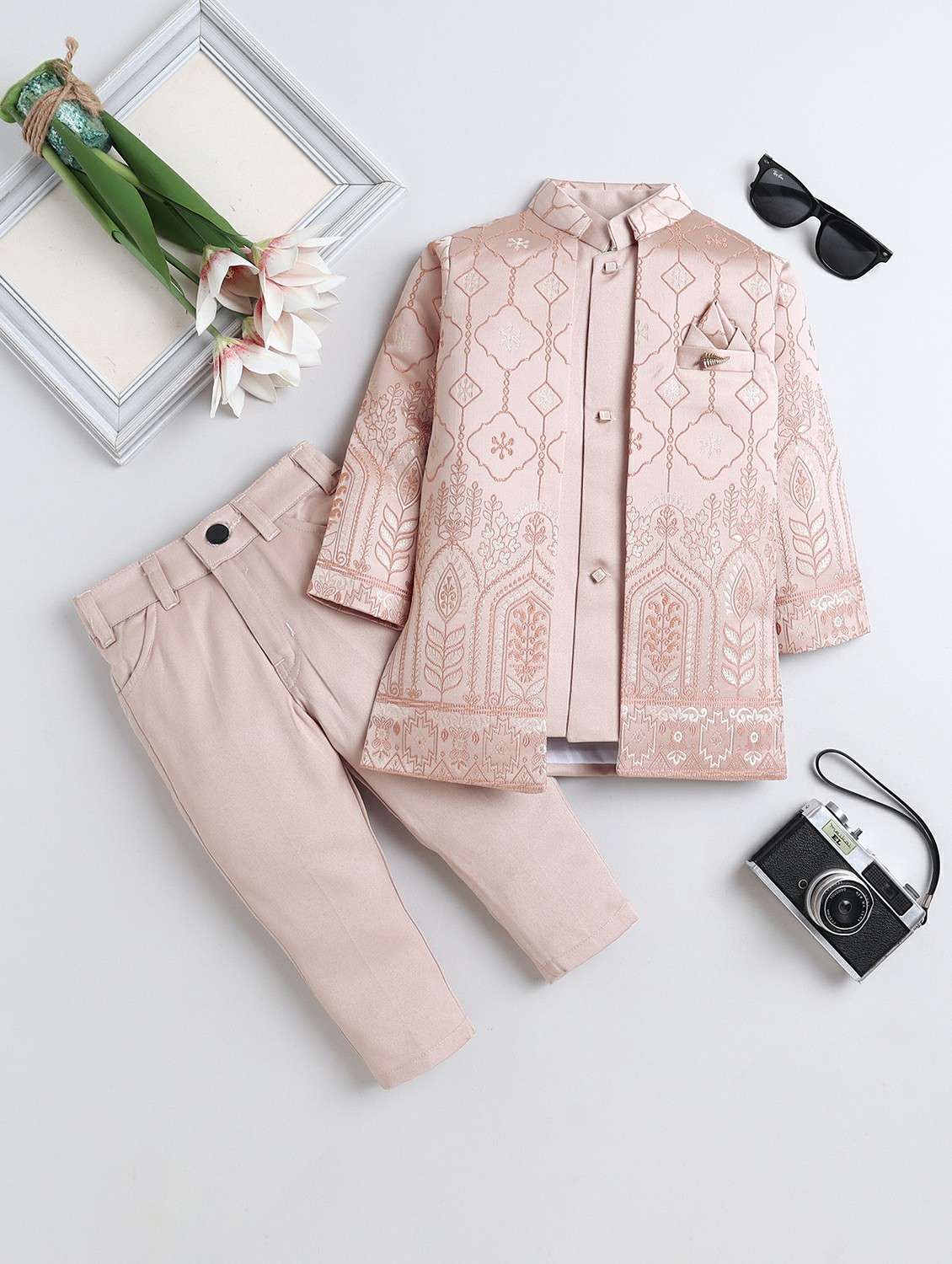 boys self designed long sleeve sherwani set