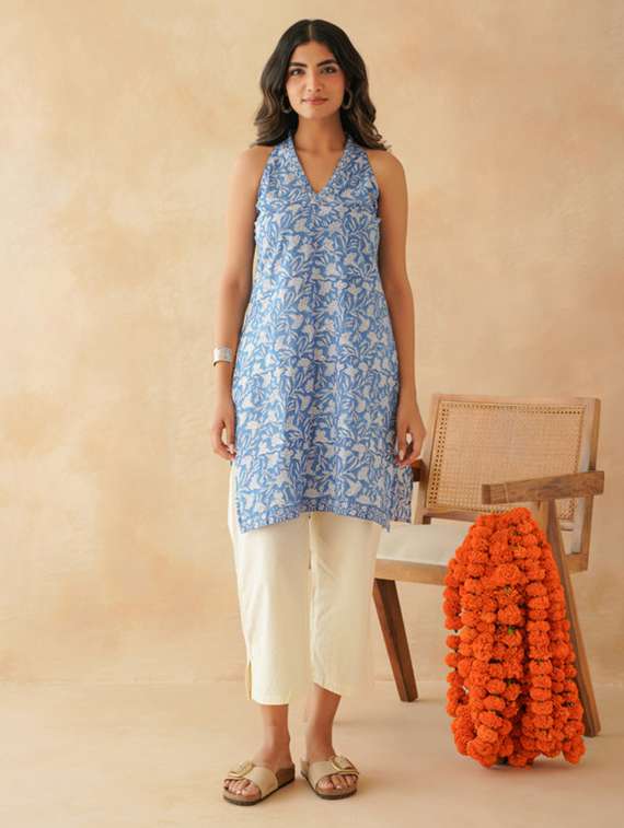 women floral printed halter neck straight kurti