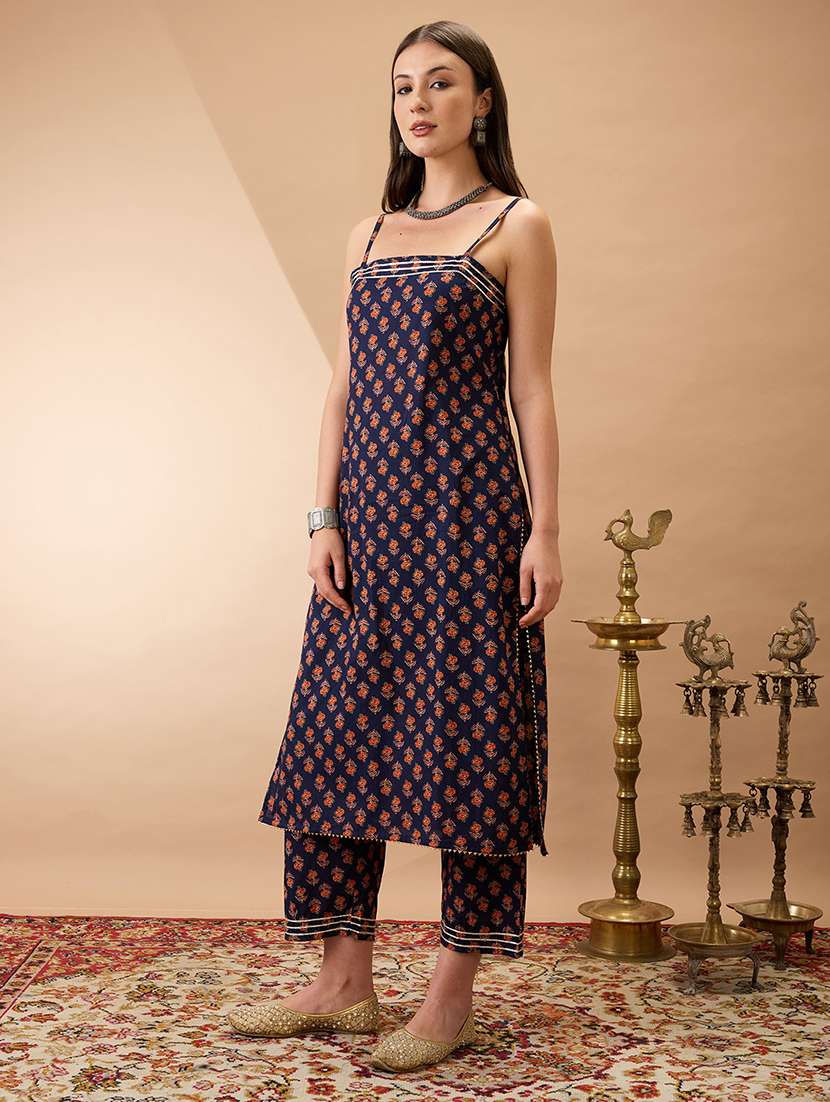 globus women navy blue square neck strappy shoulder floral print gotta lace detail straight kurta with pants fusion set - 22147739 -  Standard Image - 1
