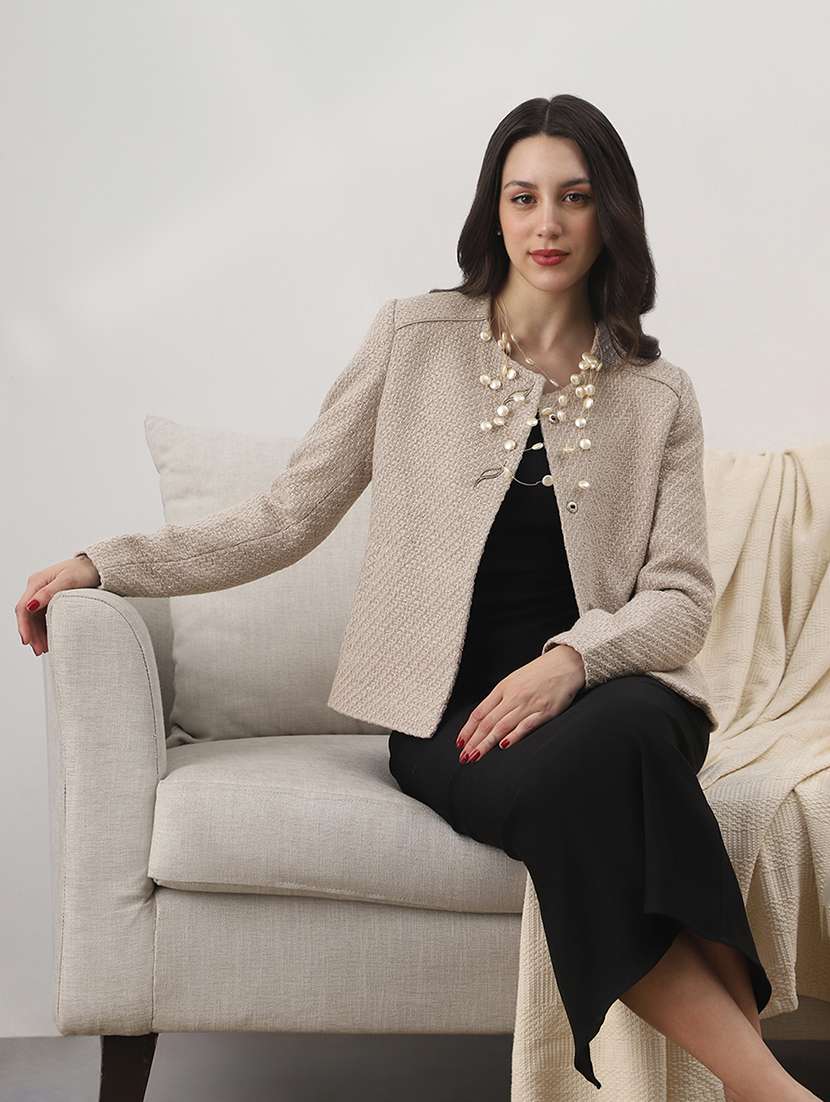 globus women beige texture self design round neck long sleeve 2 side pocket tailored fit winterwear overcoat 