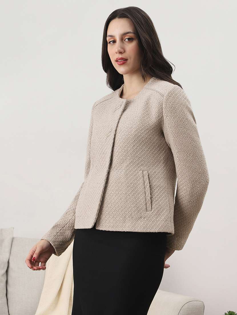 globus women beige texture self design round neck long sleeve 2 side pocket tailored fit winterwear overcoat  - 22147740 -  Standard Image - 1