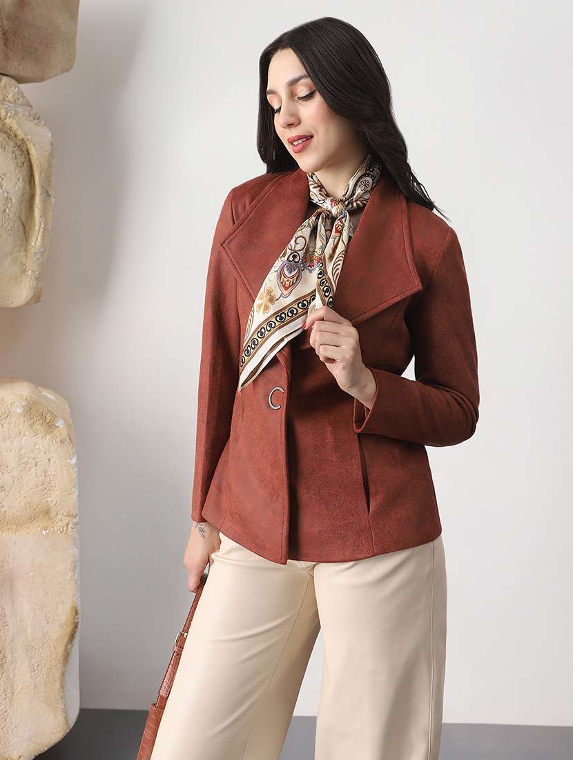 globus women rust shawl collar long sleeves self design suede 2 pockets soft functional winterwear overcoat - 22147741 -  Standard Image - 1