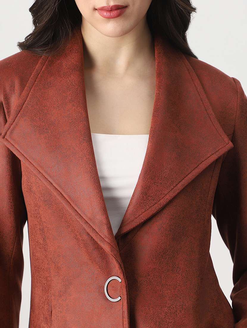 globus women rust shawl collar long sleeves self design suede 2 pockets soft functional winterwear overcoat - 22147741 -  Standard Image - 4