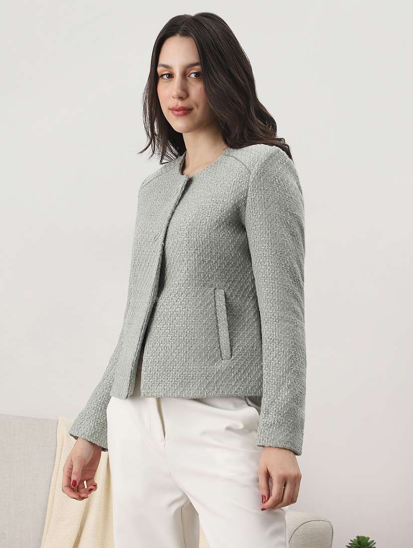 globus women green texture self design round neck long sleeve 2 side pocket tailored fit winterwear overcoat  - 22147743 -  Standard Image - 1