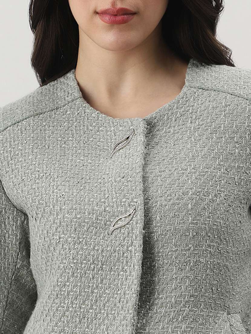 globus women green texture self design round neck long sleeve 2 side pocket tailored fit winterwear overcoat  - 22147743 -  Standard Image - 4