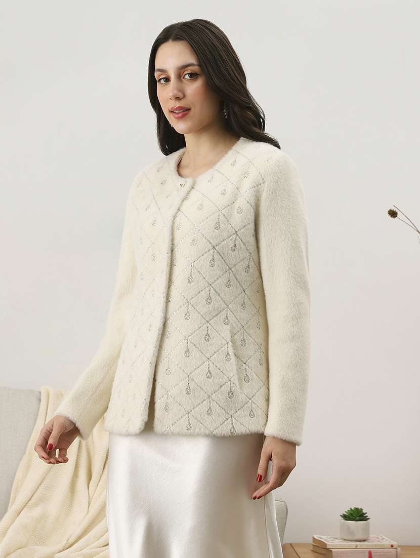 globus women white self design embellished work round neck long sleeves suede 2 pocket soft functional winterwear overcoat - 22147745 -  Standard Image - 1