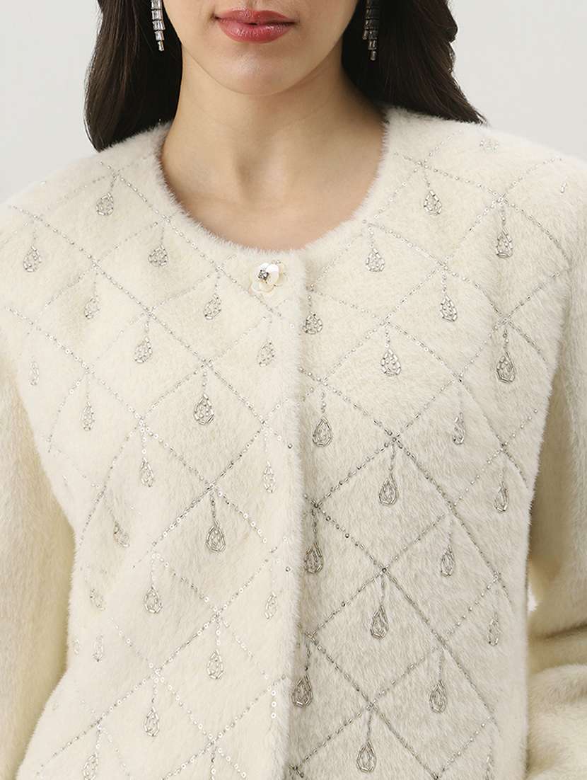 globus women white self design embellished work round neck long sleeves suede 2 pocket soft functional winterwear overcoat - 22147745 -  Standard Image - 4