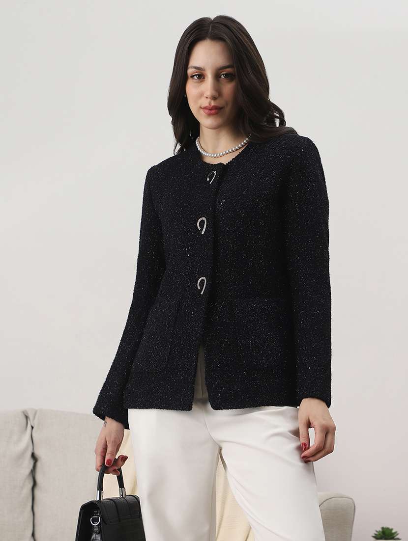 globus women black round neck long sleeves shimmer self design 2 pockets tailored fit winter wear overcoat