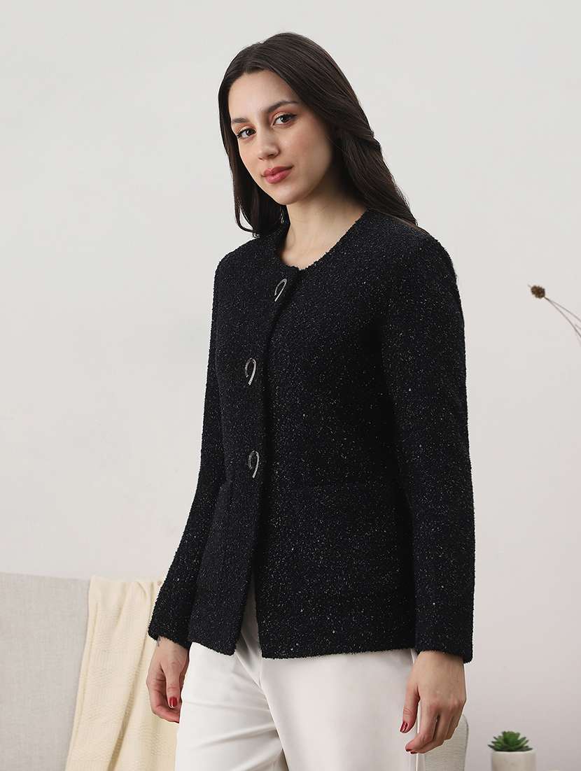 globus women black round neck long sleeves shimmer self design 2 pockets tailored fit winter wear overcoat - 22147746 -  Standard Image - 1