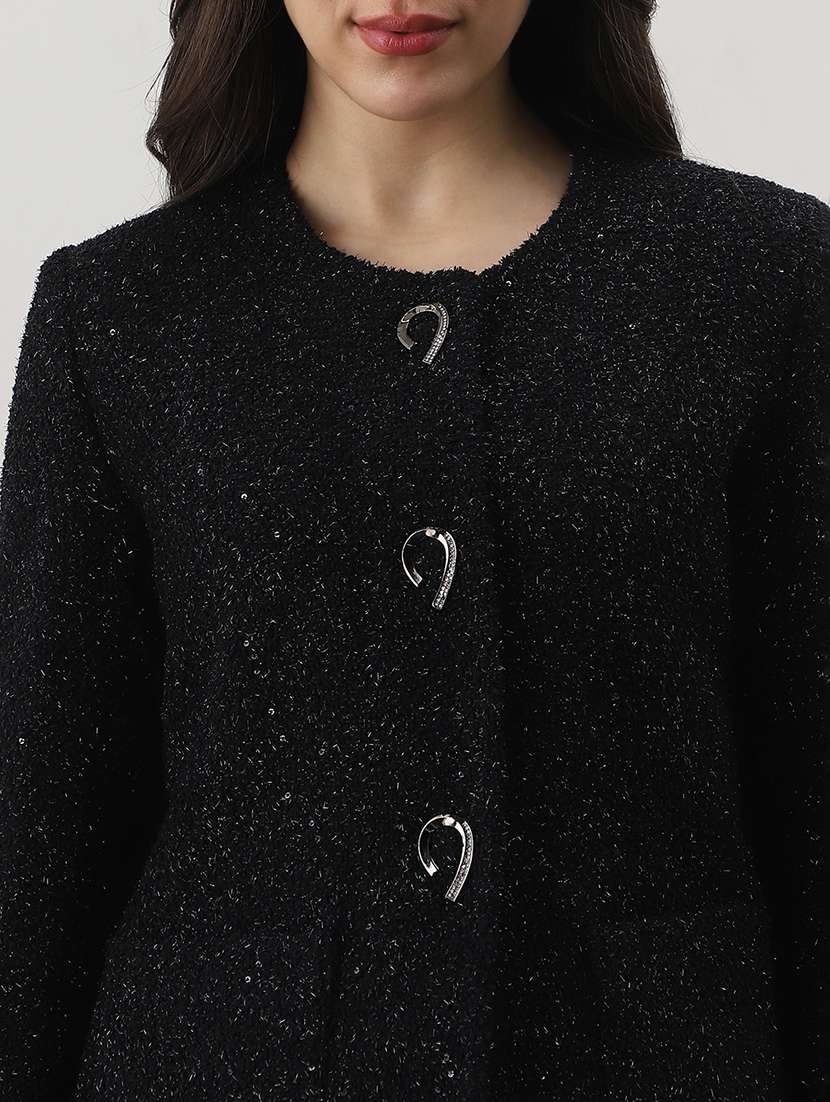 globus women black round neck long sleeves shimmer self design 2 pockets tailored fit winter wear overcoat - 22147746 -  Standard Image - 4