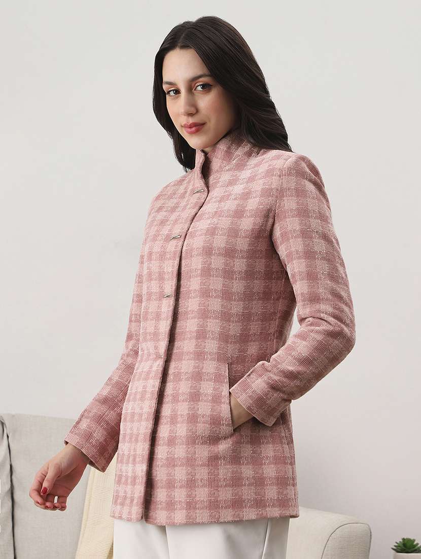 globus women pink mock collar long sleeves self checkered 2 pockets hip length winterwear overcoat - 22147748 -  Standard Image - 1