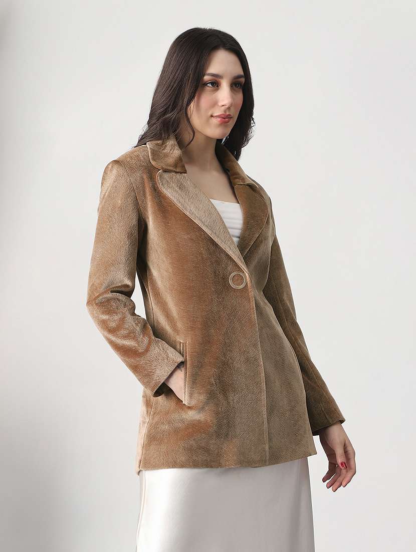 globus women beige lapel collar long sleeves self design suede 2 pockets soft functional hip length winterwear overcoat - 22147751 -  Standard Image - 1