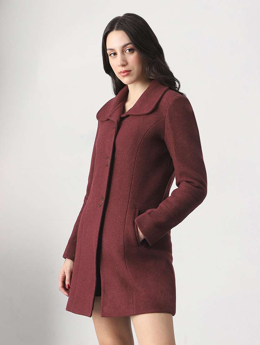 globus women burgundy self design shirt collar long sleeve hip length tailored fit overcoat  - 22147752 -  Standard Image - 1