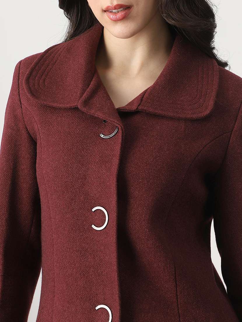 globus women burgundy self design shirt collar long sleeve hip length tailored fit overcoat  - 22147752 -  Standard Image - 4
