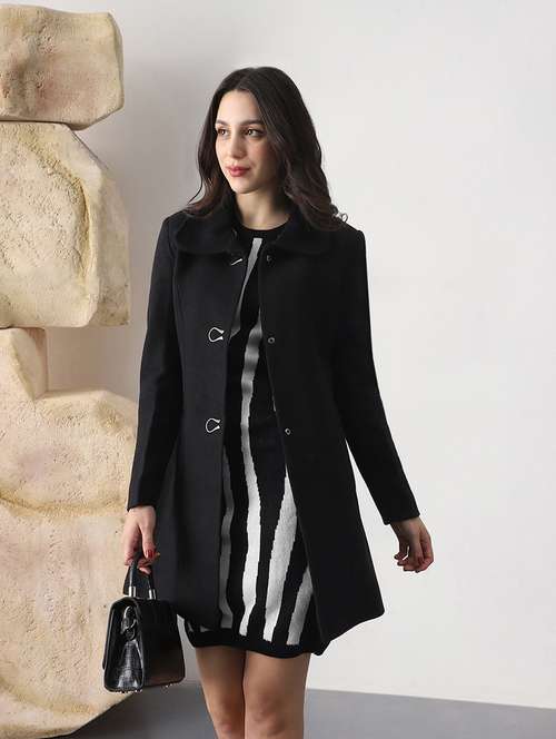 globus women black self design shirt collar long sleeve hip length tailored fit overcoat  - 22147753 -  Standard Image - 0