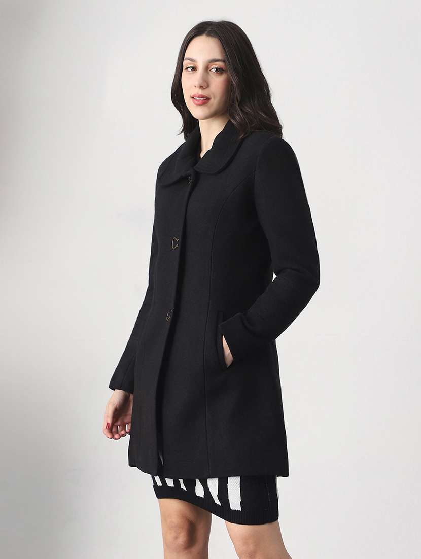 globus women black self design shirt collar long sleeve hip length tailored fit overcoat  - 22147753 -  Standard Image - 1