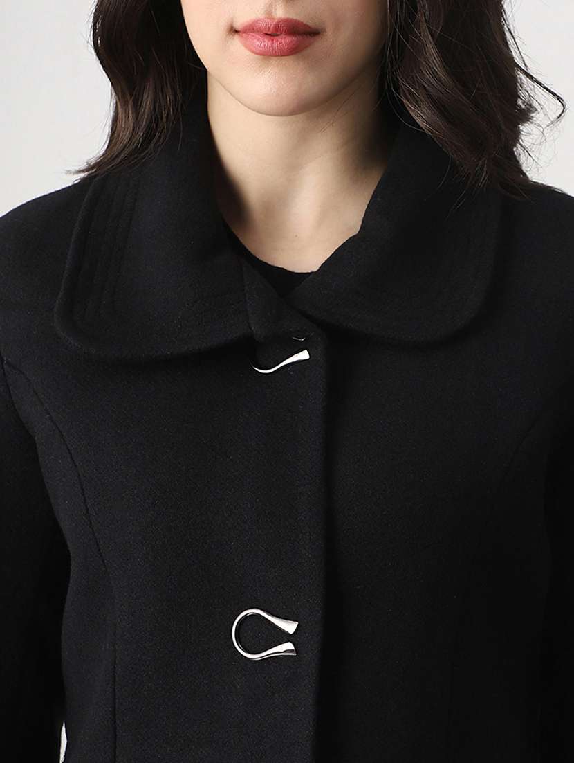 globus women black self design shirt collar long sleeve hip length tailored fit overcoat  - 22147753 -  Standard Image - 4