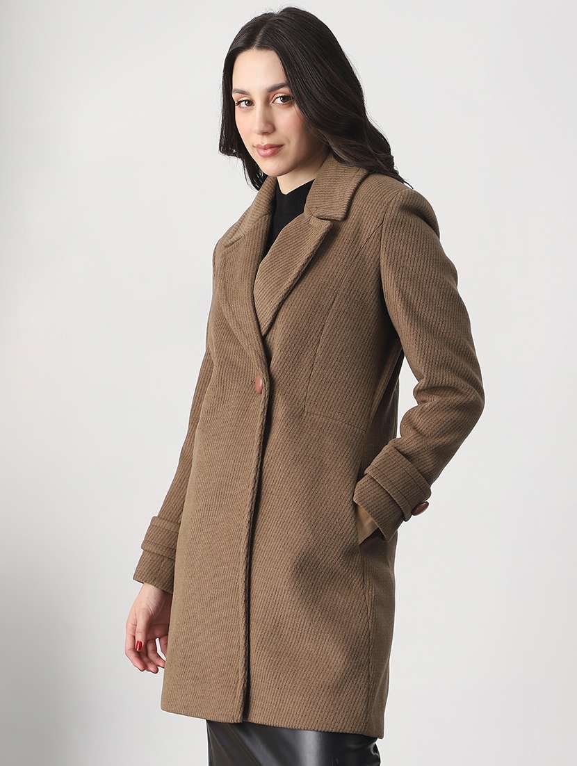 globus women beige notched lapel long sleeves striped self design 2 pockets hip length winterwear overcoat - 22147755 -  Standard Image - 1