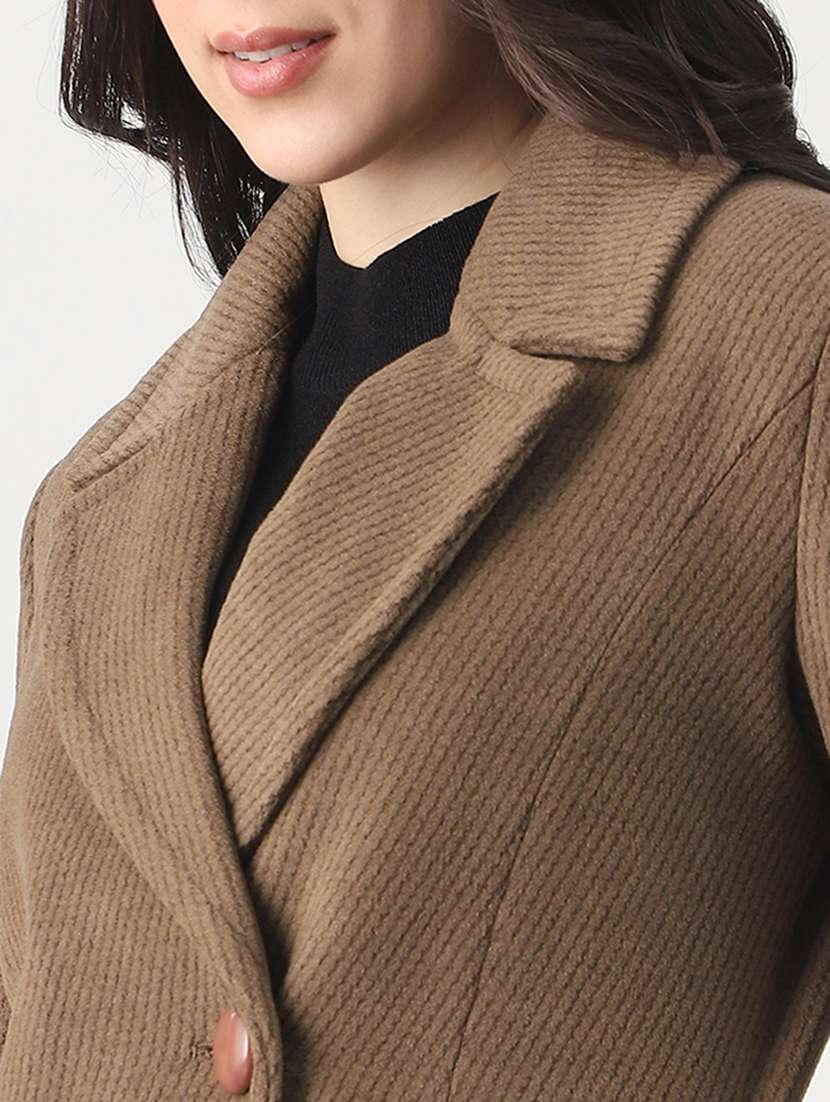 globus women beige notched lapel long sleeves striped self design 2 pockets hip length winterwear overcoat - 22147755 -  Standard Image - 4