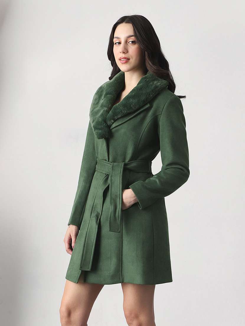 globus women olive shawl collar long sleeves self design faux fur detail 2 pockets hip length belted winterwear overcoat - 22147756 -  Standard Image - 1