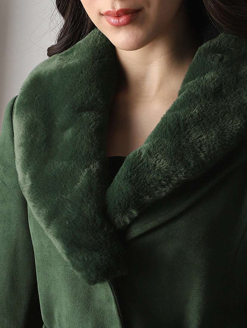 globus women olive shawl collar long sleeves self design faux fur detail 2 pockets hip length belted winterwear overcoat - 22147756 -  Standard Image - 4