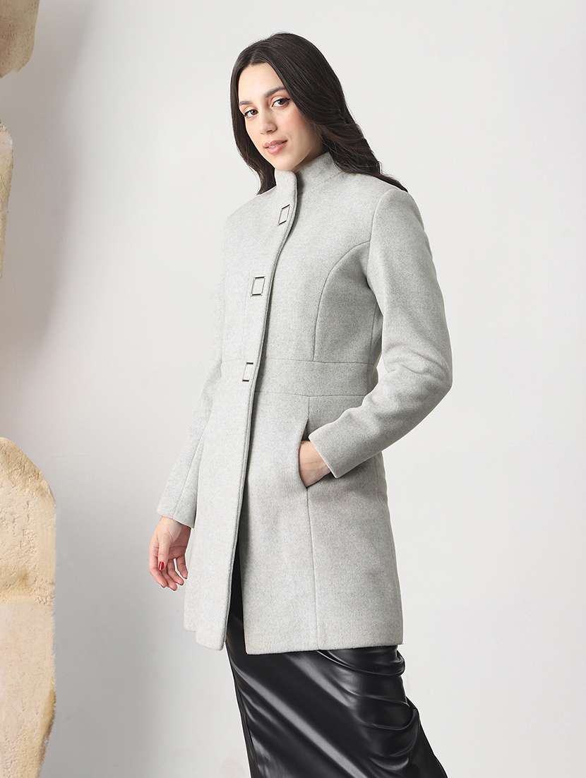 globus women grey self design mock collar long sleeve knee length tailored fit winterwear overcoat  - 22147759 -  Standard Image - 1