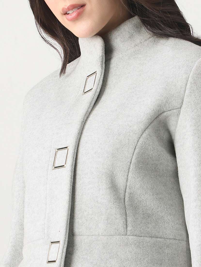 globus women grey self design mock collar long sleeve knee length tailored fit winterwear overcoat  - 22147759 -  Standard Image - 4