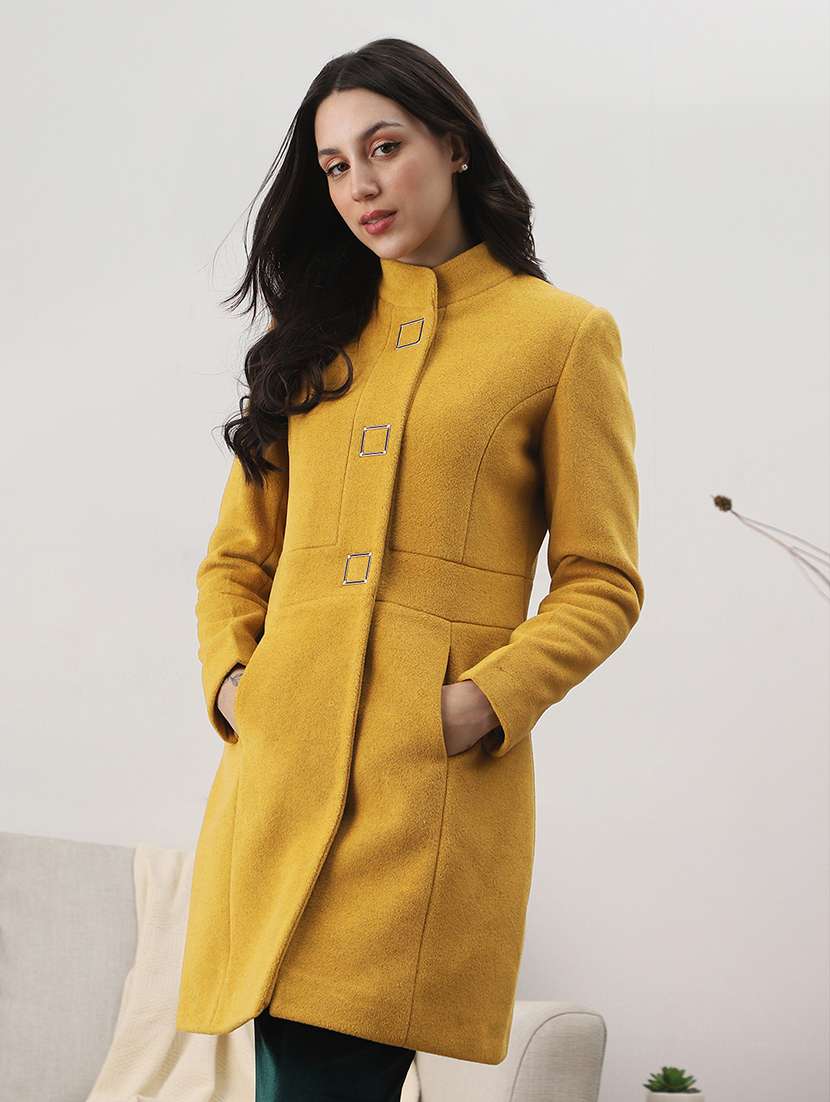 globus women gold self design mock collar long sleeve knee length tailored fit winterwear overcoat 