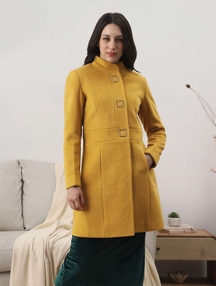 globus women gold self design mock collar long sleeve knee length tailored fit winterwear overcoat  - 22147760 -  Standard Image - 1