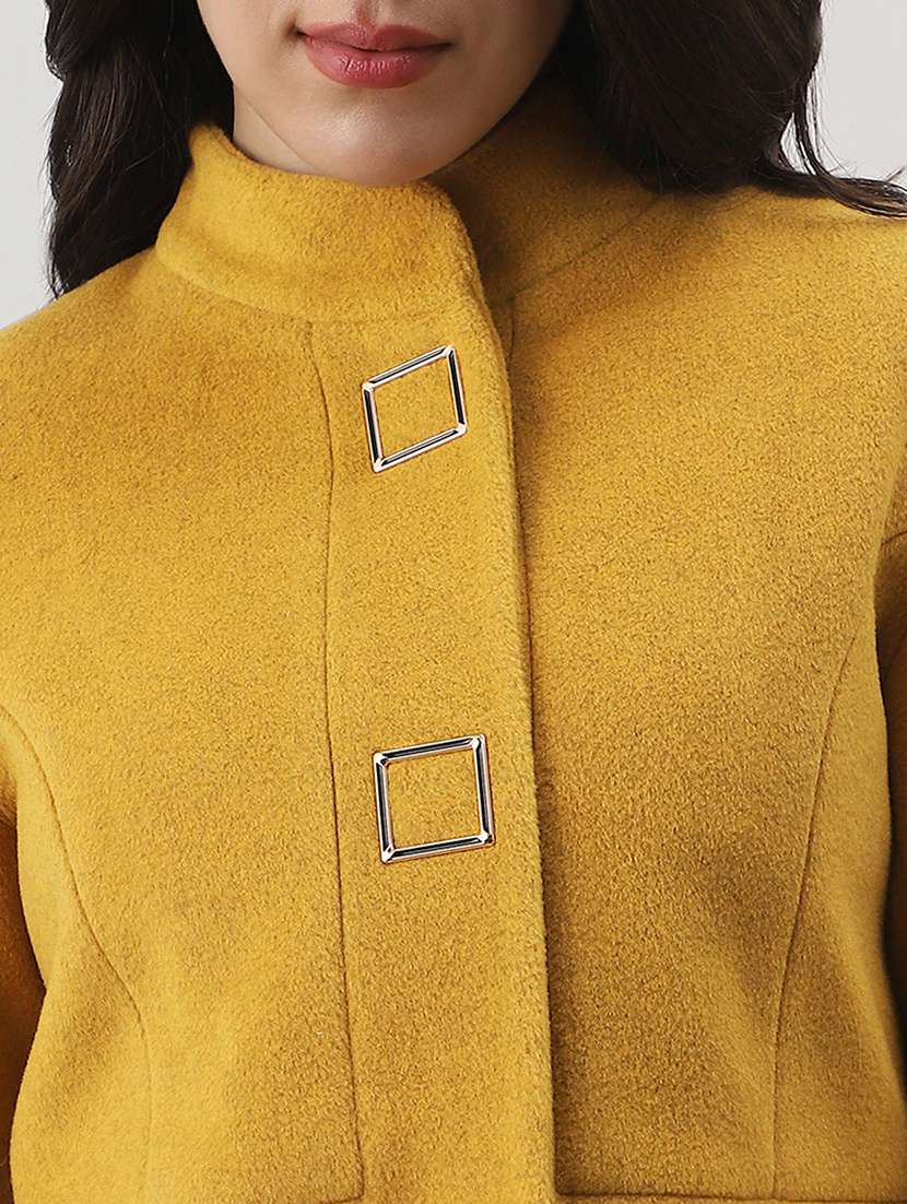 globus women gold self design mock collar long sleeve knee length tailored fit winterwear overcoat  - 22147760 -  Standard Image - 4