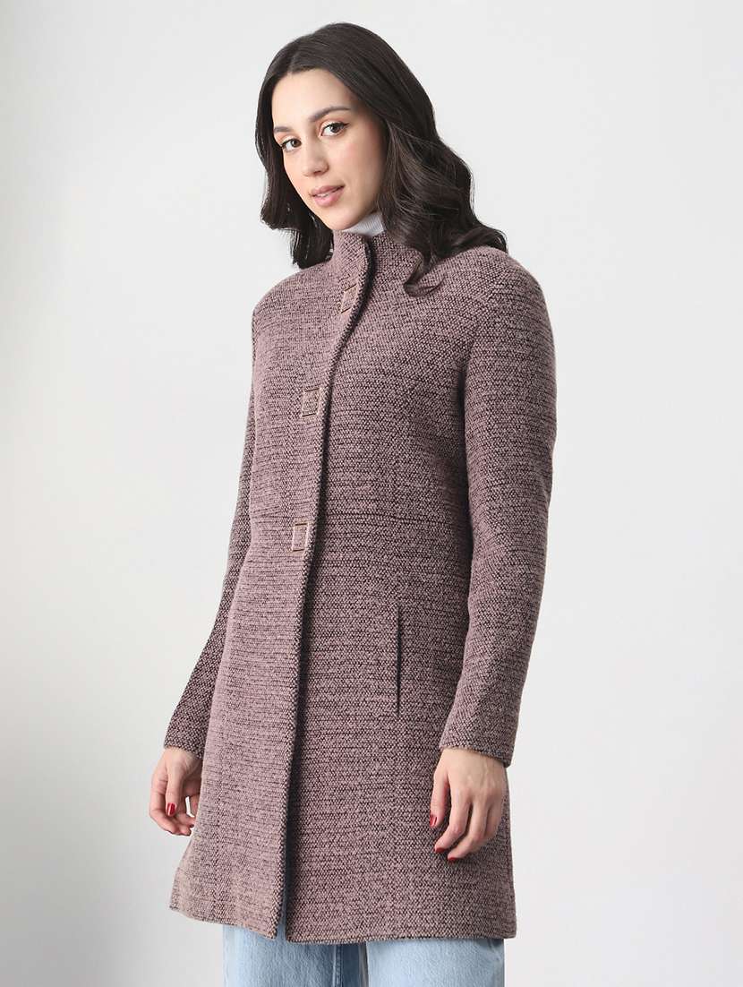 globus women pink mock collar long sleeves self design  2 pockets knee length winterwear overcoat - 22147761 -  Standard Image - 1