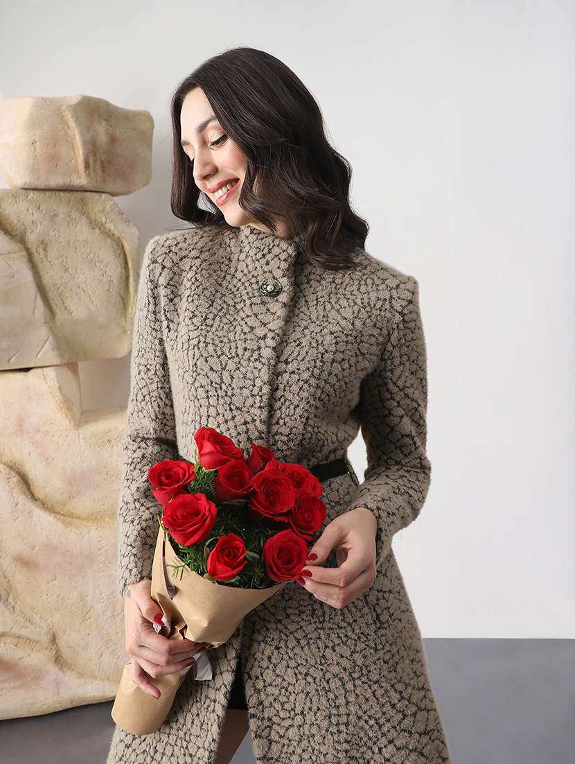 globus women grey melange mock neck long sleeves self design winter wear overcoat with belt