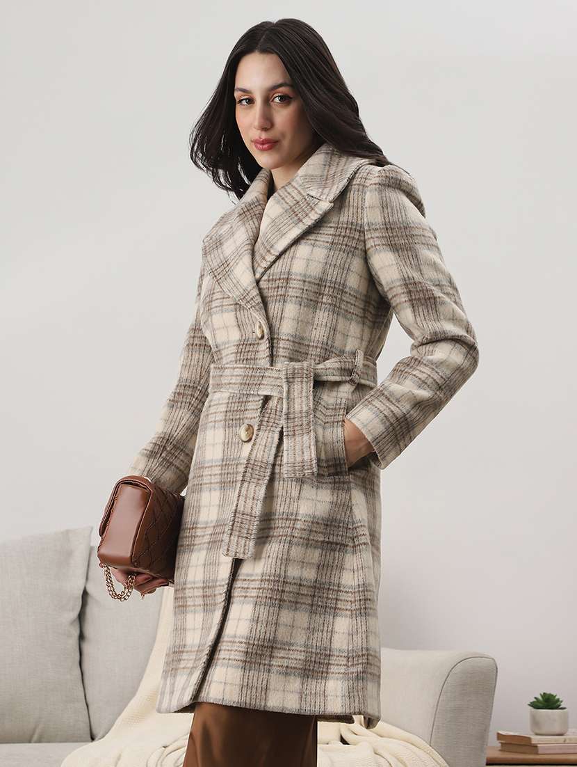 globus women cream notched lapel long sleeves checkered self design winter wear overcoat with belt - 22147765 -  Standard Image - 1