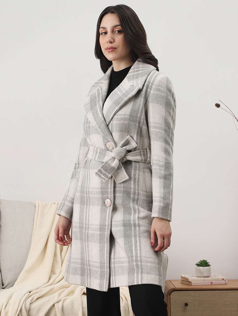 globus women grey notched lapel long sleeves checkered self design winter wear overcoat with belt - 22147766 -  Standard Image - 1