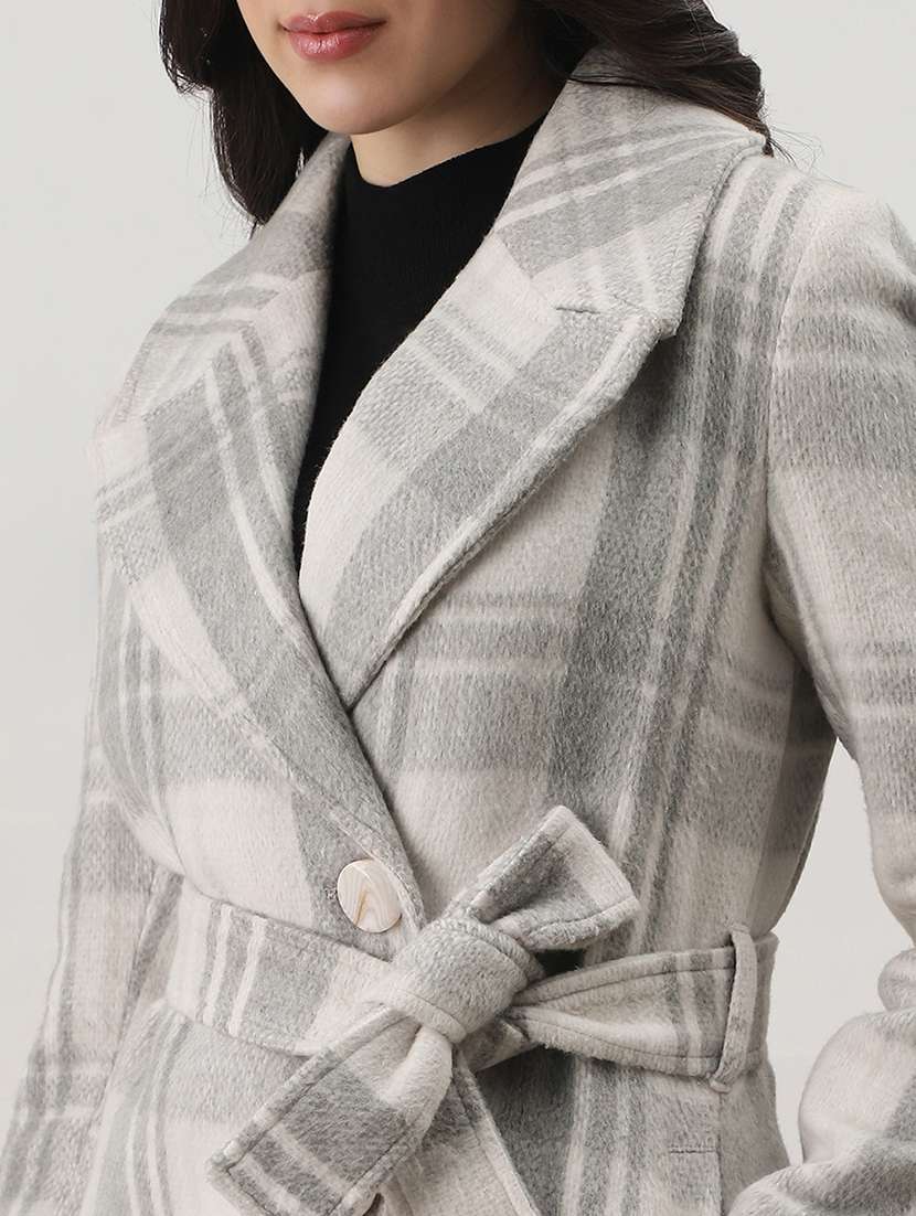 globus women grey notched lapel long sleeves checkered self design winter wear overcoat with belt - 22147766 -  Standard Image - 4