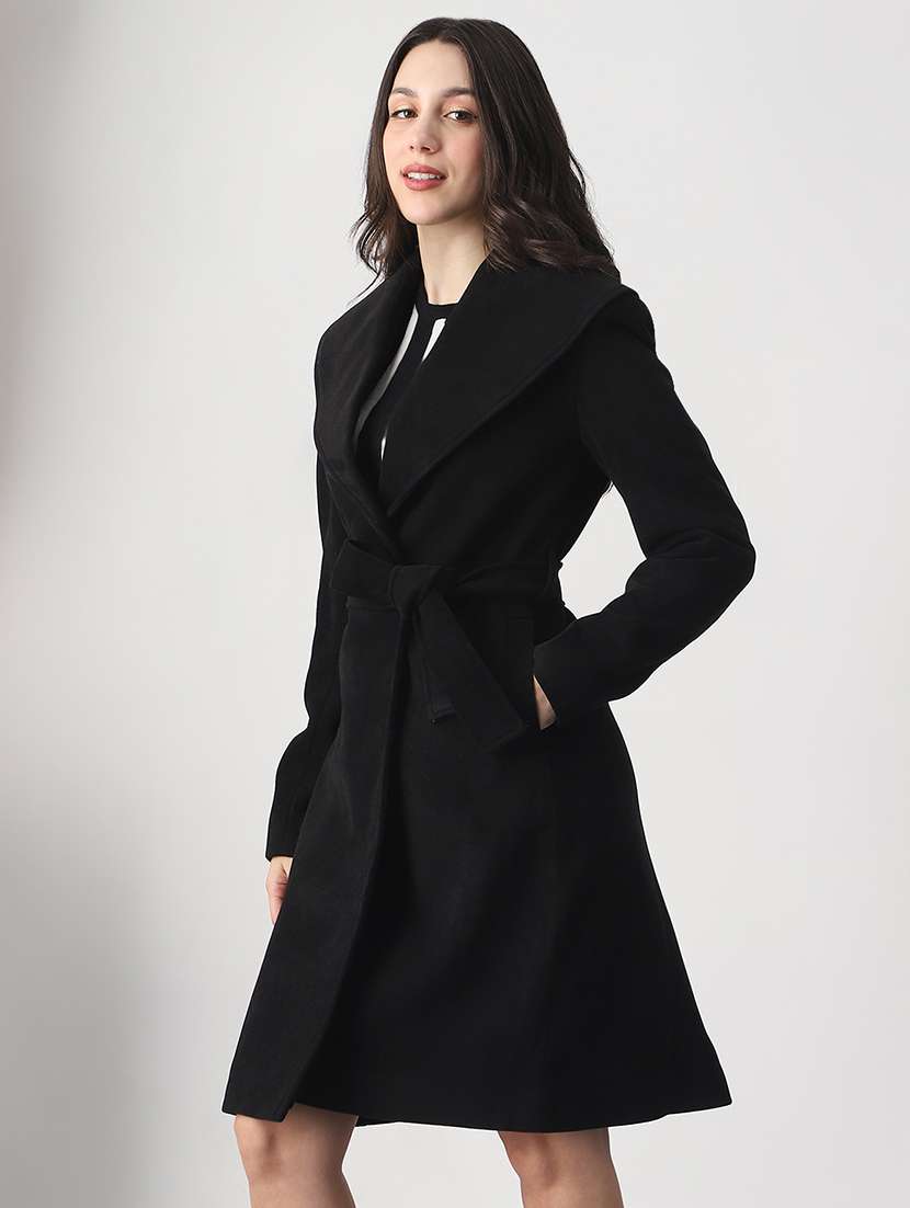 globus women black shawl collar long sleeves solid winter wear overcoat with belt - 22147768 -  Standard Image - 1