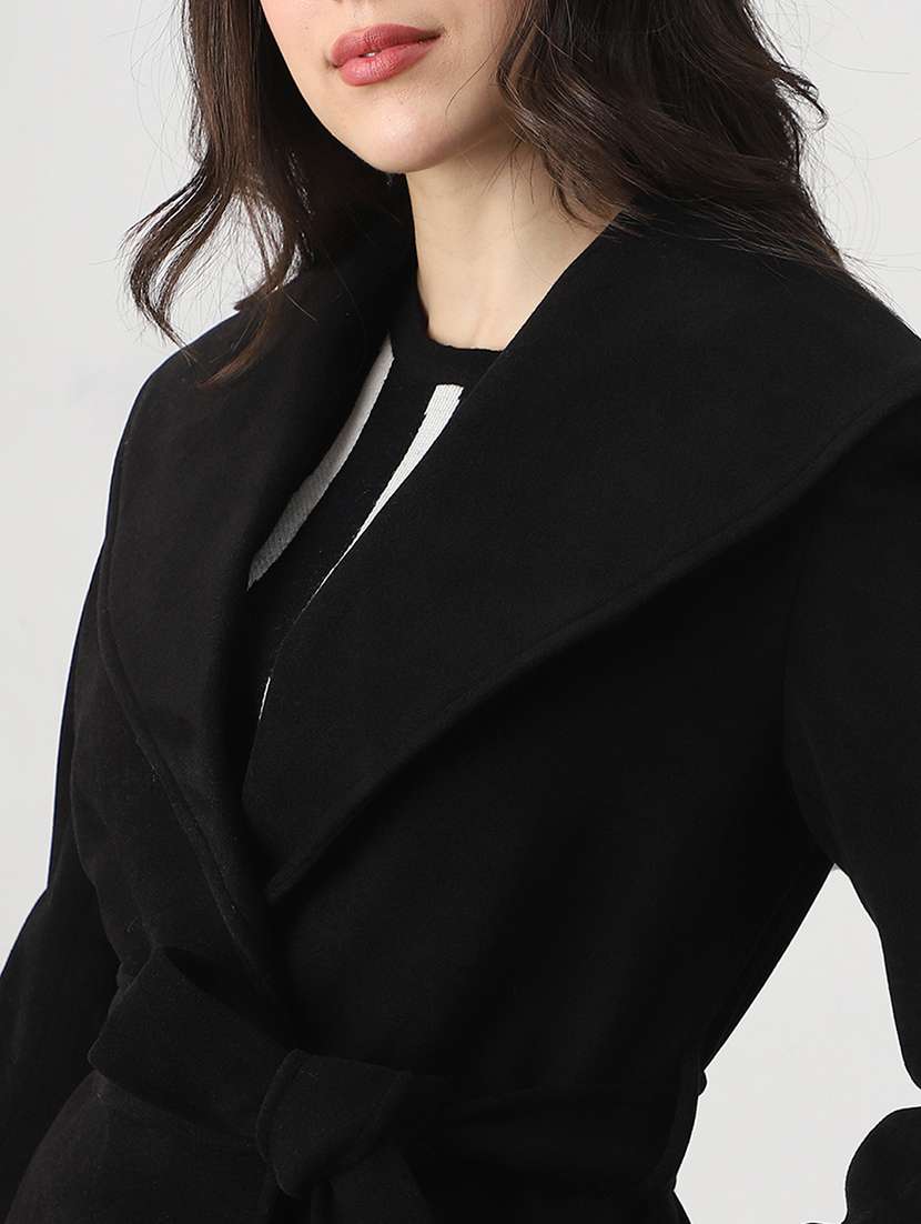 globus women black shawl collar long sleeves solid winter wear overcoat with belt - 22147768 -  Standard Image - 4