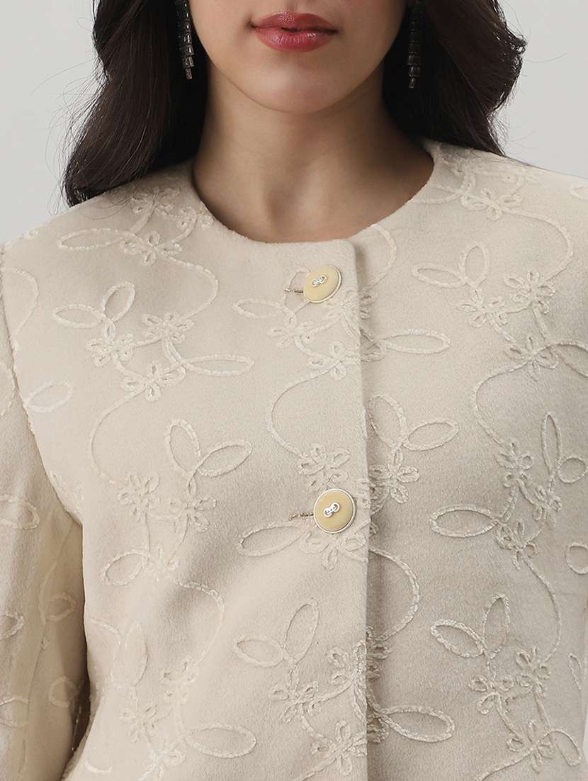 globus women off white round neck long sleeves floral self design winter wear overcoat - 22147771 -  Standard Image - 4