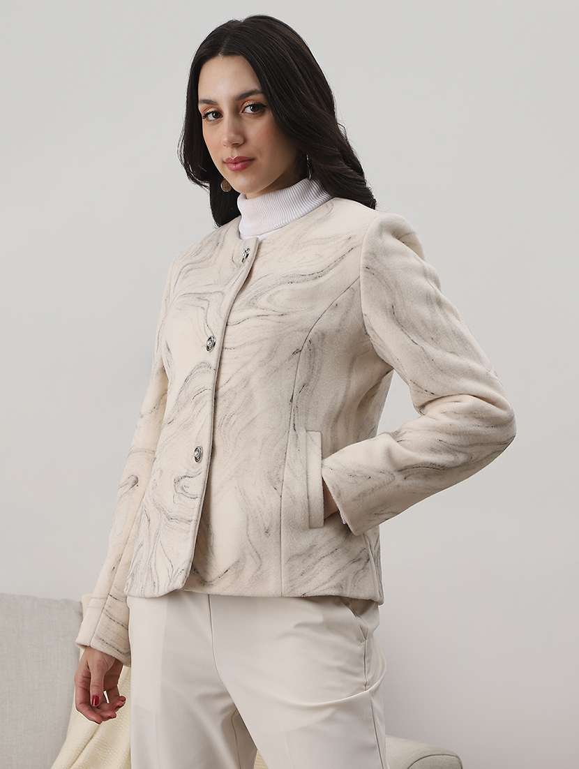 globus women off white round neck long sleeves self design winter wear overcoat - 22147772 -  Standard Image - 1