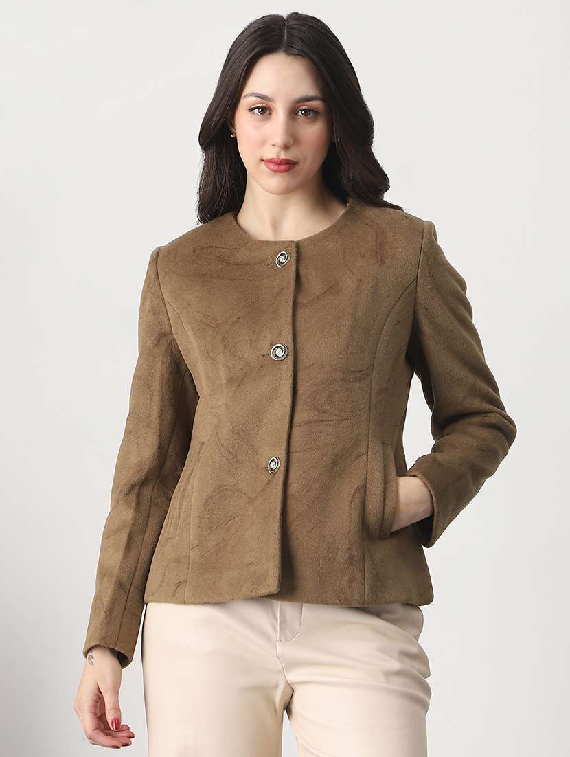 globus women brown round neck long sleeves self design winter wear overcoat