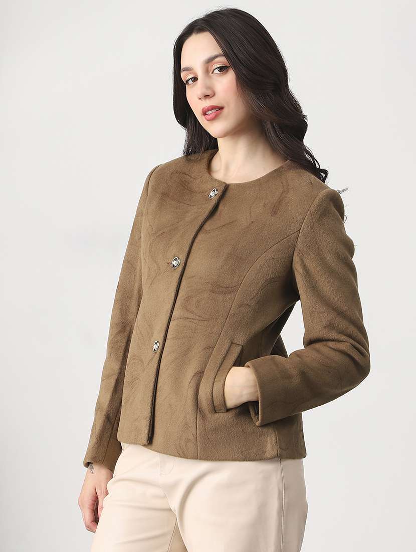 globus women brown round neck long sleeves self design winter wear overcoat - 22147773 -  Standard Image - 1