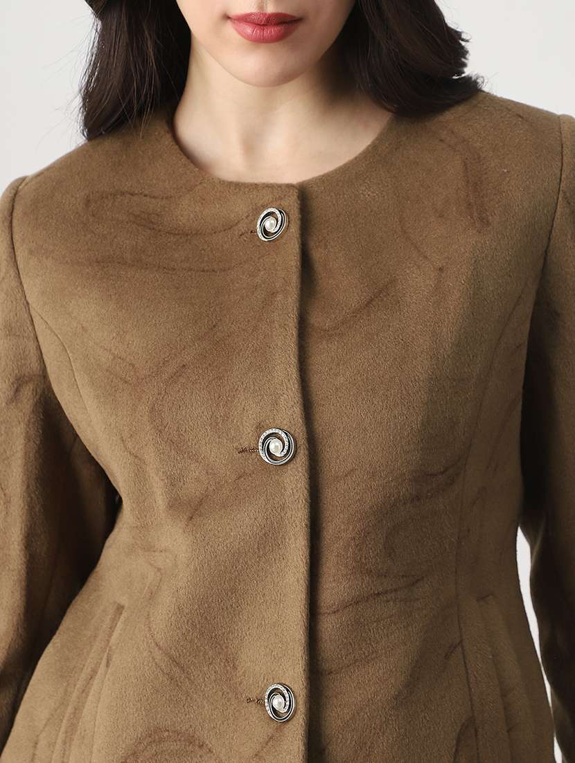 globus women brown round neck long sleeves self design winter wear overcoat - 22147773 -  Standard Image - 4