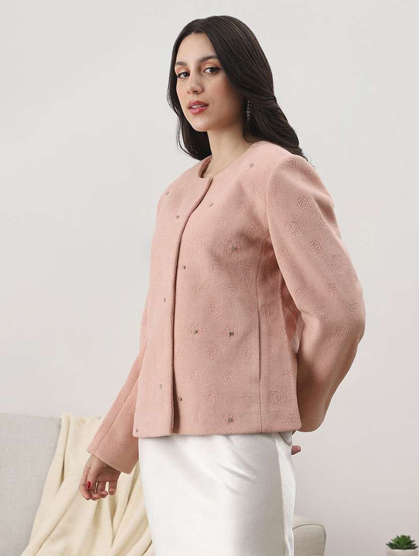 globus women pink round neck long sleeves floral self design embellished wool 2 pockets winterwear overcoat - 22147774 -  Standard Image - 1