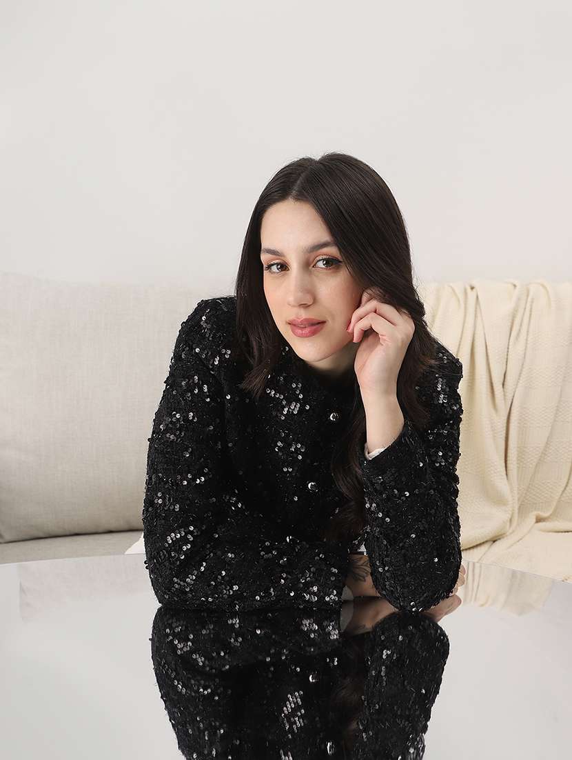 globus women black round neck long sleeves embellished 2 pockets winterwear overcoat - 22147776 -  Standard Image - 1