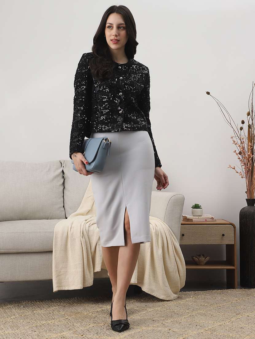 globus women black round neck long sleeves embellished 2 pockets winterwear overcoat - 22147776 -  Standard Image - 4