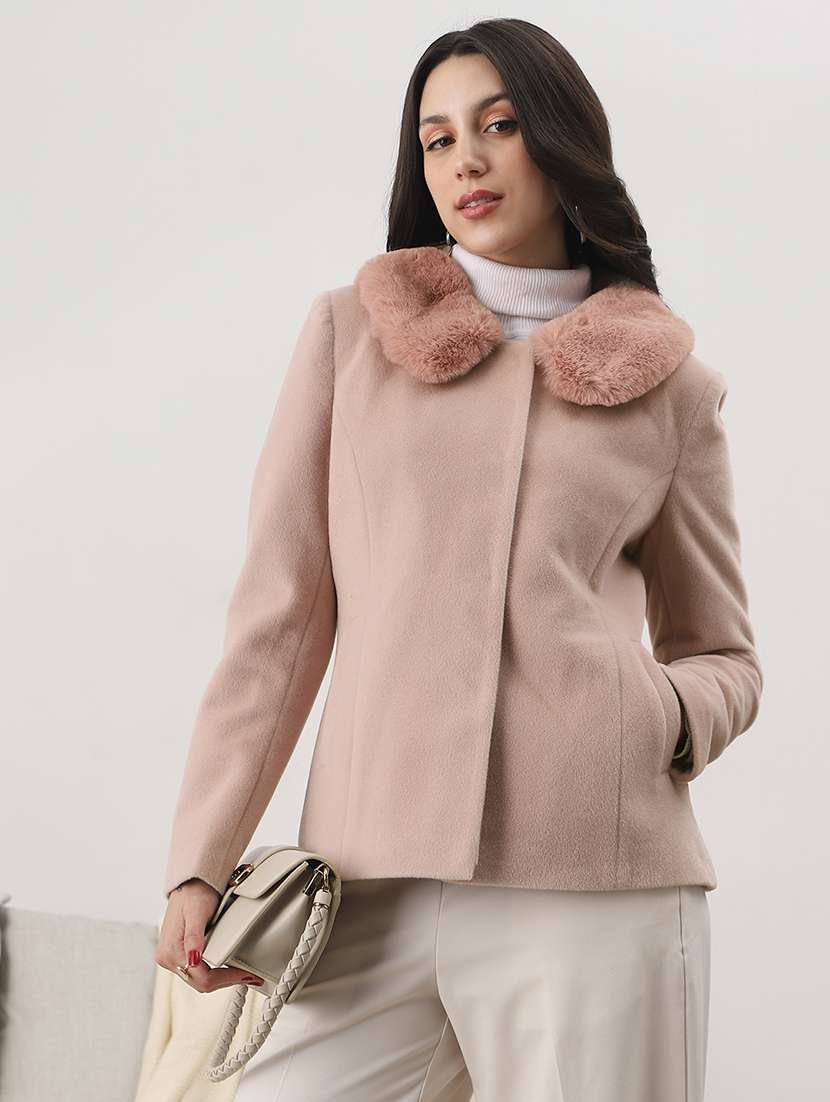 globus women pink peter pan collar long sleeves faux fur detail 2 pockets winterwear overcoat