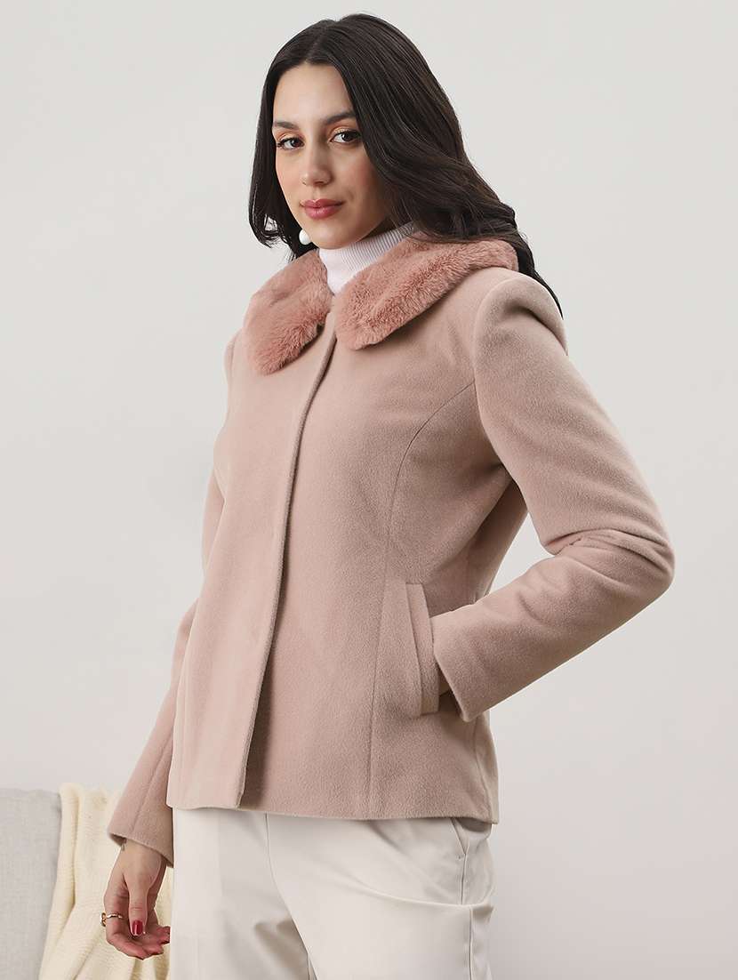 globus women pink peter pan collar long sleeves faux fur detail 2 pockets winterwear overcoat - 22147778 -  Standard Image - 1