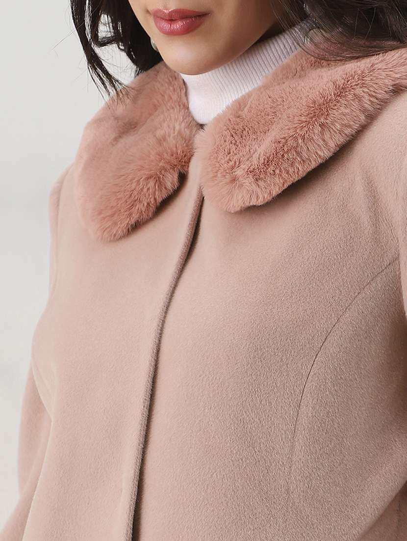 globus women pink peter pan collar long sleeves faux fur detail 2 pockets winterwear overcoat - 22147778 -  Standard Image - 4