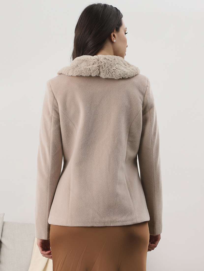 globus women beige peter pan collar long sleeves faux fur detail 2 pockets winterwear overcoat - 22147779 -  Standard Image - 1